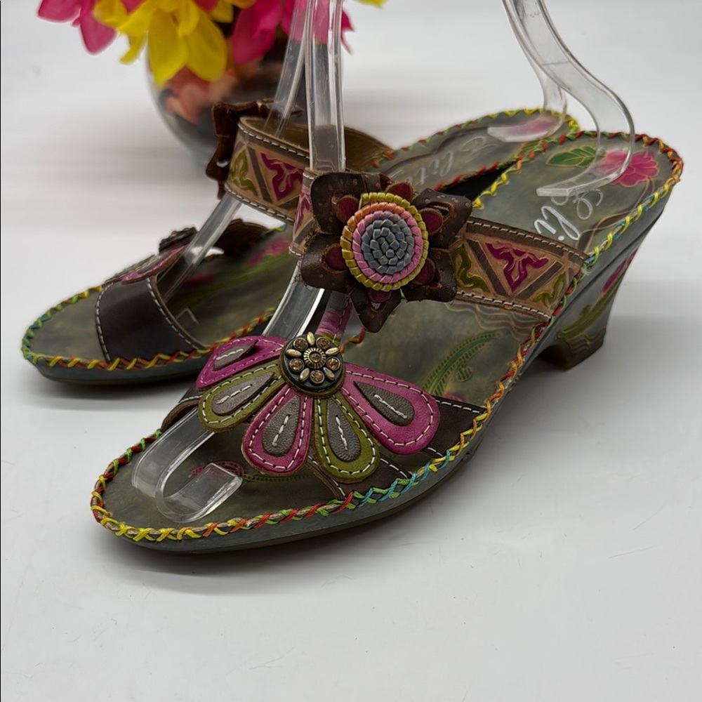 Corkys Brown Sandals with Pink and Green Floral Accents